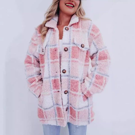 Winter Multicolor Plaid Warm Polo Collar Jacket Women&