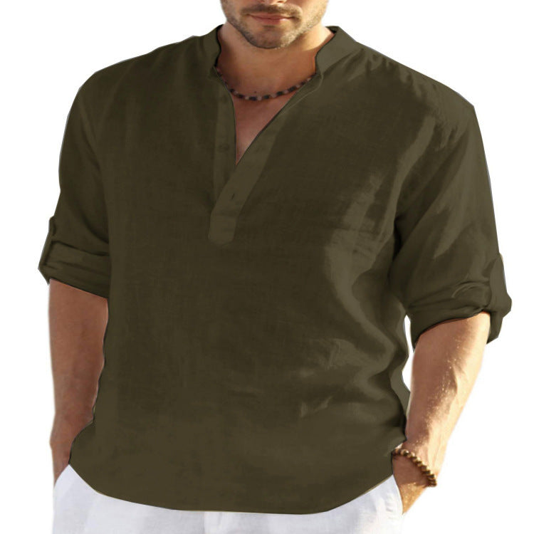 Men's Casual Cotton Linen Solid Color Long Sleeve Shirt Loose Stand Co