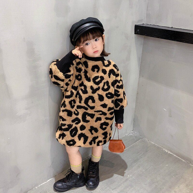 girls long sleeve leopard t-shirt-Autumn Winter New Arrival Girls Long Sleeve Leopard T Shirt Kids Warm Cashmere Long Style Tops-shopluxelook.store