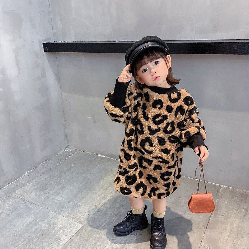 girls long sleeve leopard t-shirt-Autumn Winter New Arrival Girls Long Sleeve Leopard T Shirt Kids Warm Cashmere Long Style Tops-shopluxelook.store