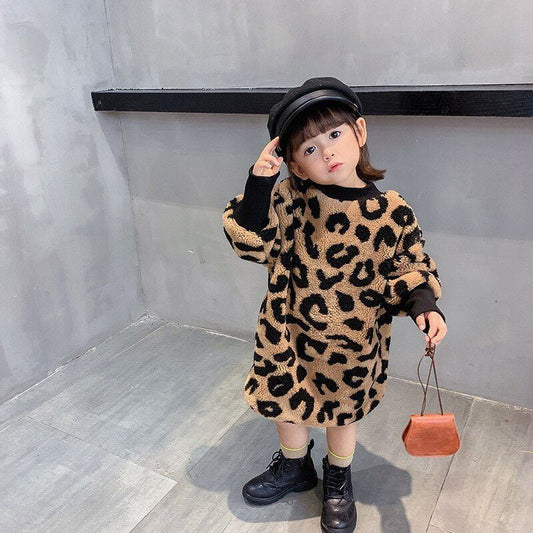 Autumn Winter New Arrival Girls Long Sleeve Leopard T Shirt Kids Warm Cashmere Long Style Tops