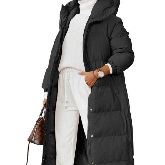 Solid Color Hooded Long Elegant Cotton-padded Coat Fashion Long-sleeve Zipper Pocket Women&