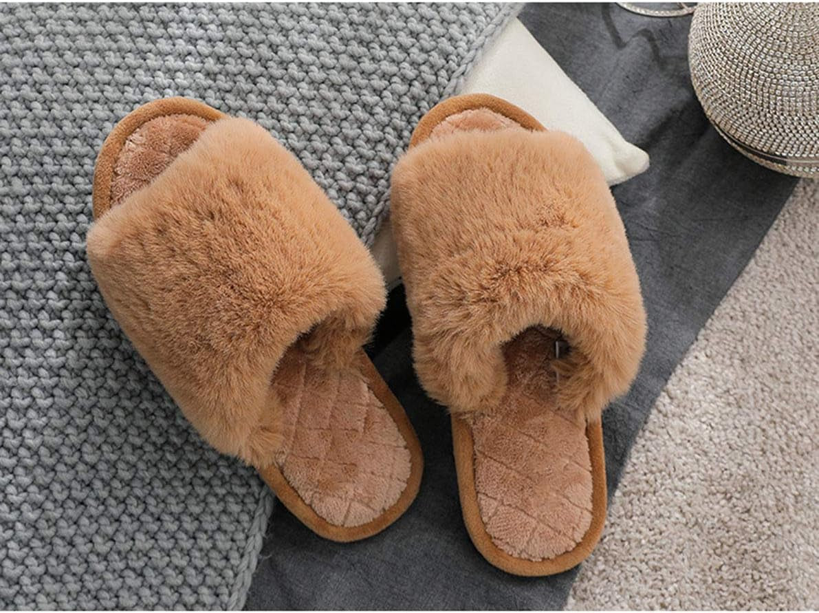 Women'S Fuzzy Fur Flat Slippers Soft Open Toe House Slippers Memory Fo