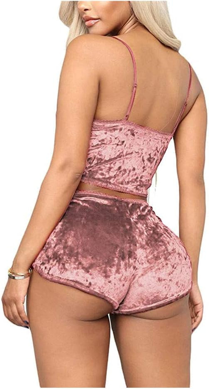 Women'S Velvet 2 Piece Outfit Spaghetti Strap Sleeveless Crop Top Cami