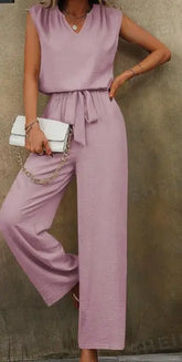 Women Solid Color Sleeveless Top With Notch Neckline And Belted Long Pants Set - shopluxelook.store