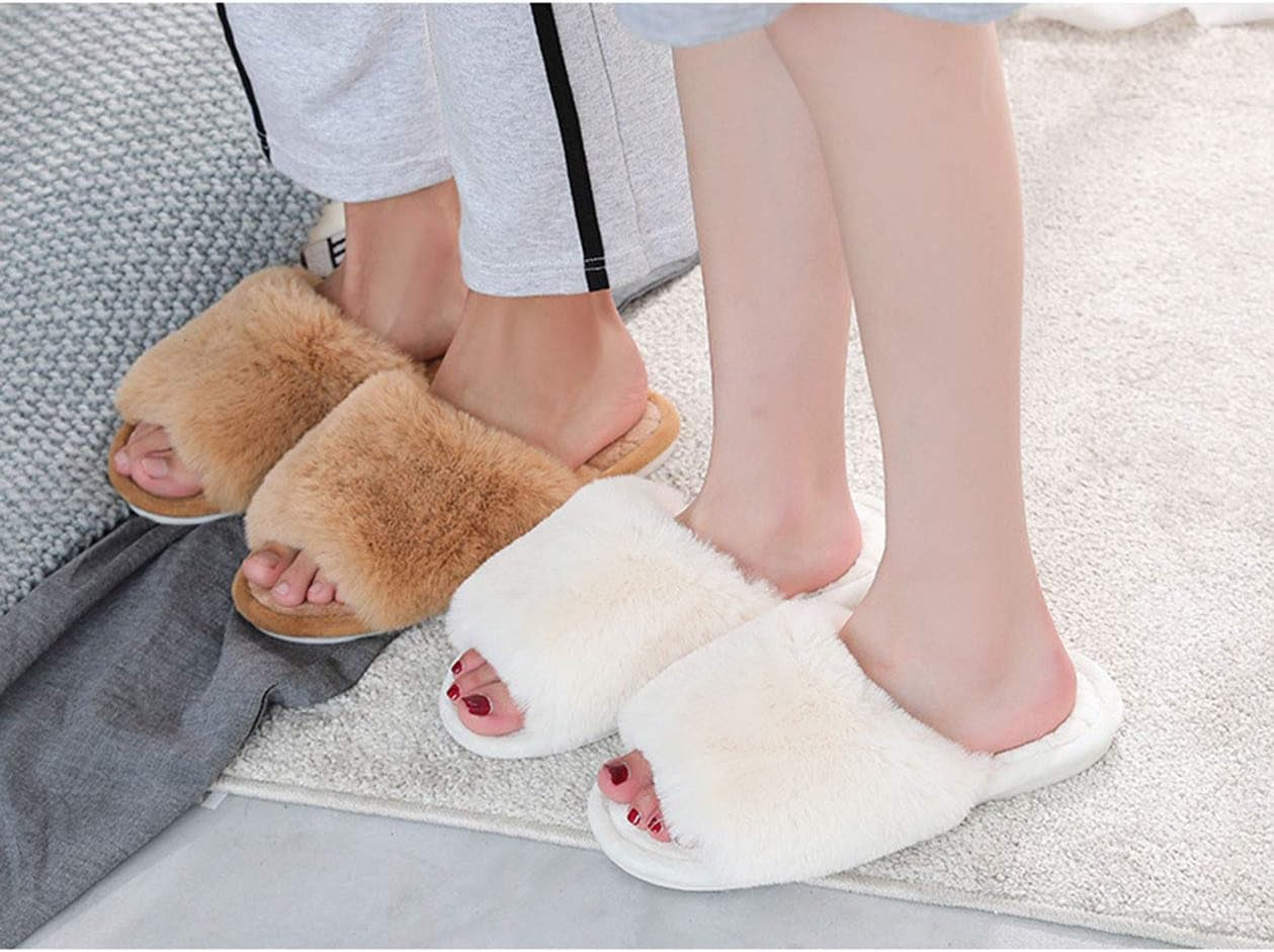 Women'S Fuzzy Fur Flat Slippers Soft Open Toe House Slippers Memory Fo