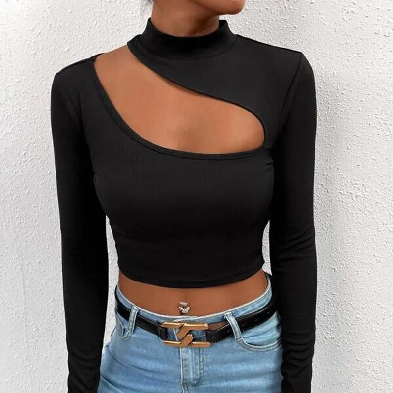 Trendy Unique Hollow Small Turtleneck Long Sleeve T-shirt - shopluxelook.store