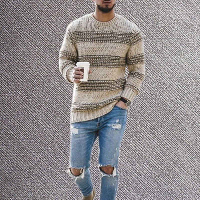 casual striped knitted sweater-Casual Striped Knitted Sweater Men Round Neck Pullover Sweater-shopluxelook.store