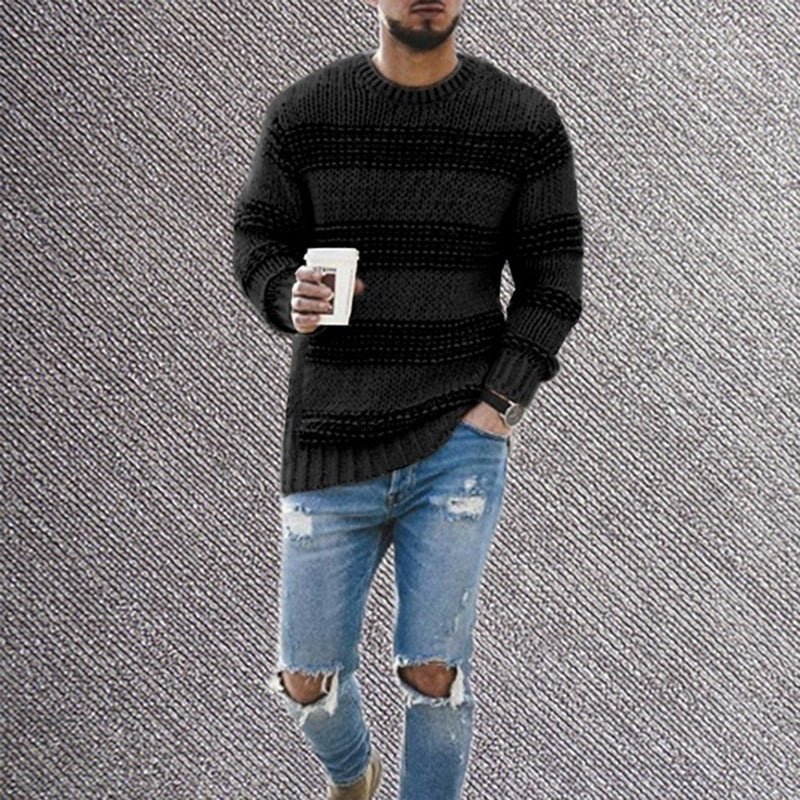 casual striped knitted sweater-Casual Striped Knitted Sweater Men Round Neck Pullover Sweater-shopluxelook.store