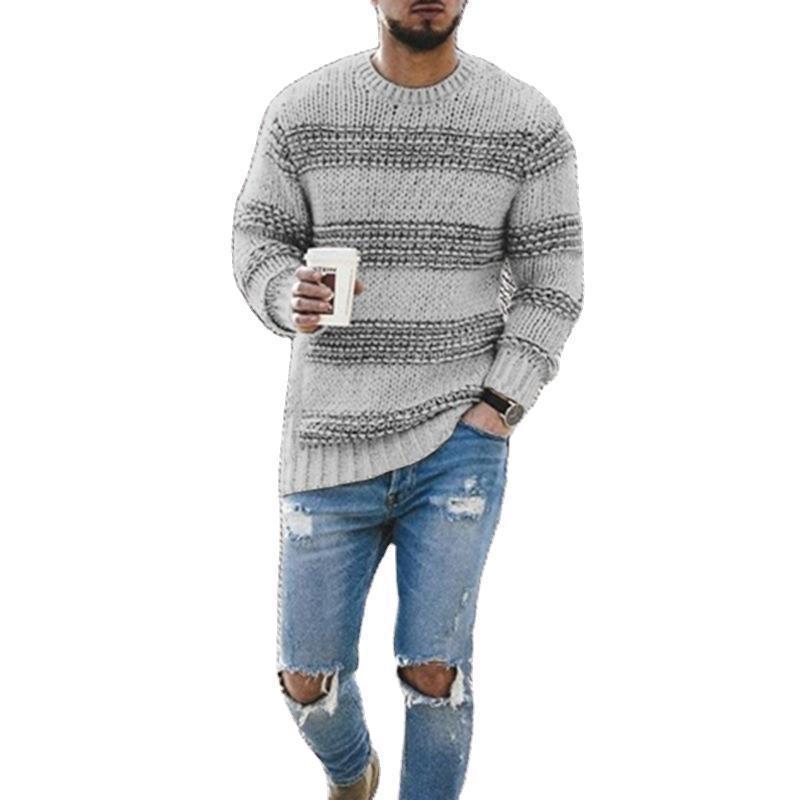 casual striped knitted sweater-Casual Striped Knitted Sweater Men Round Neck Pullover Sweater-shopluxelook.store