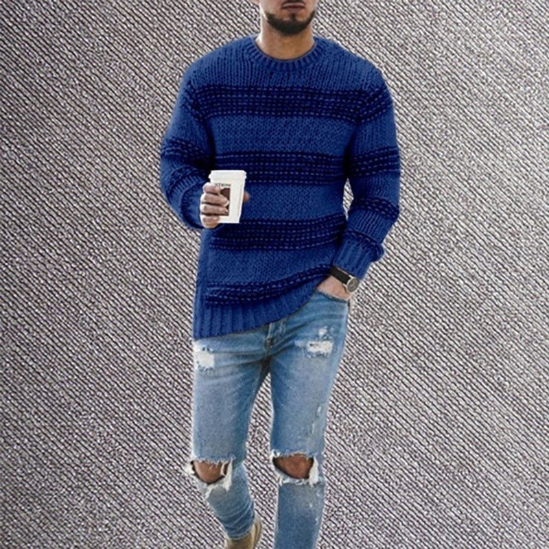 casual striped knitted sweater-Casual Striped Knitted Sweater Men Round Neck Pullover Sweater-shopluxelook.store