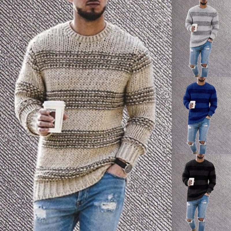 casual striped knitted sweater-Casual Striped Knitted Sweater Men Round Neck Pullover Sweater-shopluxelook.store