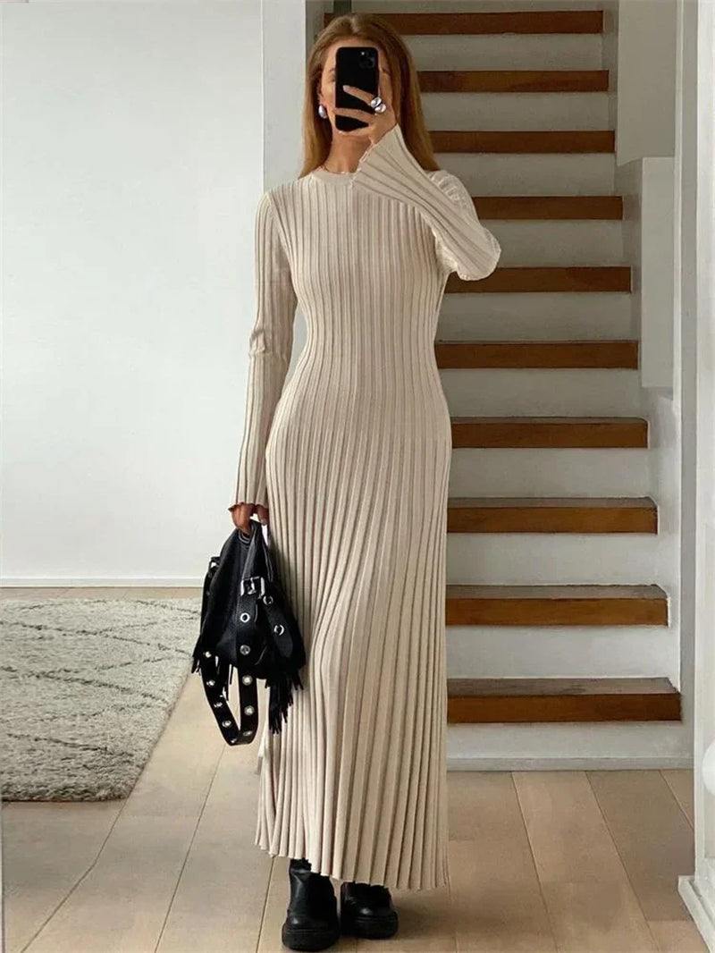 Lace-Up Female Knit Maxi Dress Autumn High Waist Fashion Patchwork Lon