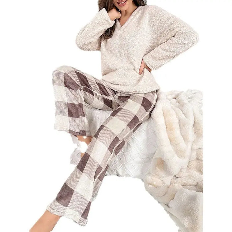 Thermal Flannel Home Wear Loose Plaid Trousers Two-piece Suit - shopluxelook.store