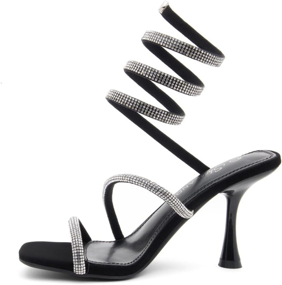 Charming2 Women’S Rhinestone Heeled Sandals Open Toe High Stilettos Spiral Ankle Wrap Strap High Heels Black Gold Silver Dress Shoes for Party-shopluxelook.store