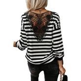 Striped Contrast Color Pullover Knitwear Back Lace Top - shopluxelook.store