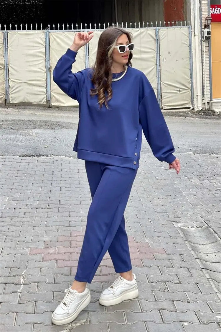 Metal Button Long Sleeve Shirt Sports Casual Ankle Banded Pants Suit shopluxelook.store