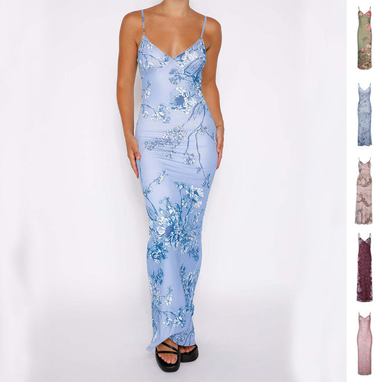 Y2K Slim Flowers Printing Slip Dress Women&