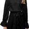 Women Flowy Long Sleeve Crew Neck Ruffles Mini Short Dress Bell Sleeve Solid Color with Belt (Black, Medium)