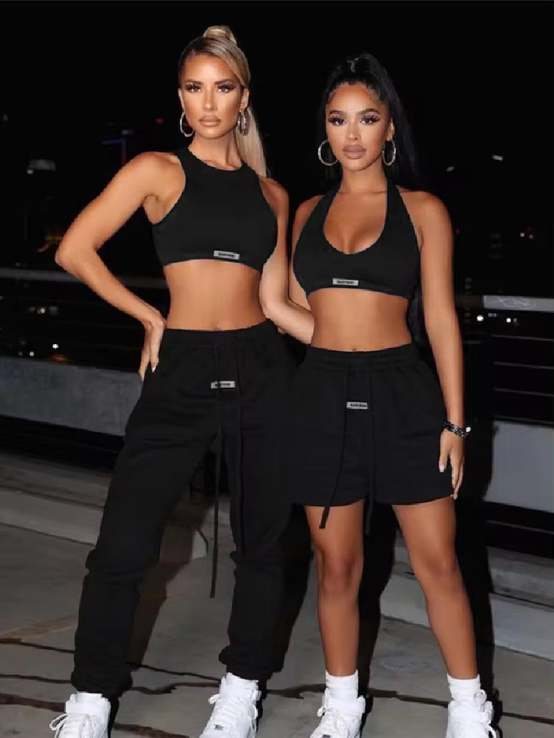 Sporty Two Piece Set Girl Halter Crop Tops+Drawstring Sweatpants Slim 