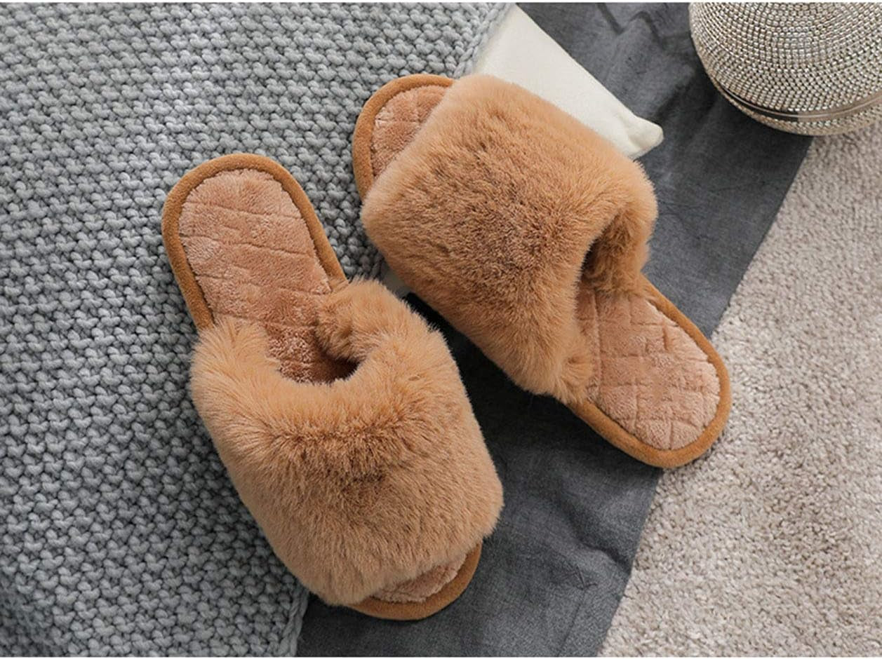 Women'S Fuzzy Fur Flat Slippers Soft Open Toe House Slippers Memory Fo