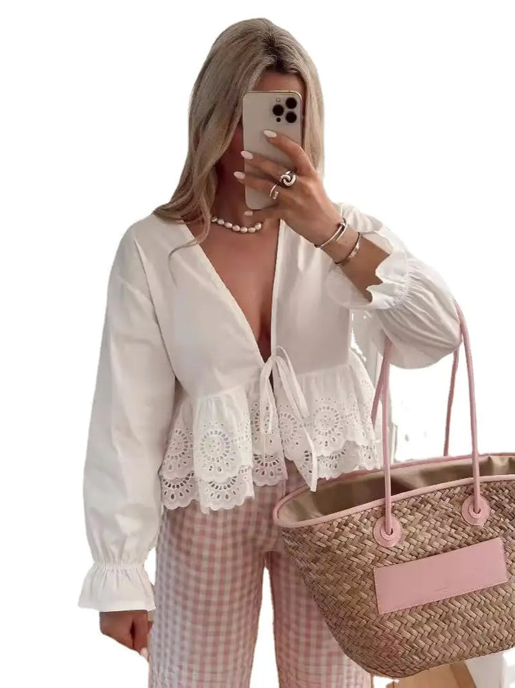 Deep V-neck Long Sleeve Shirt Top shopluxelook.store