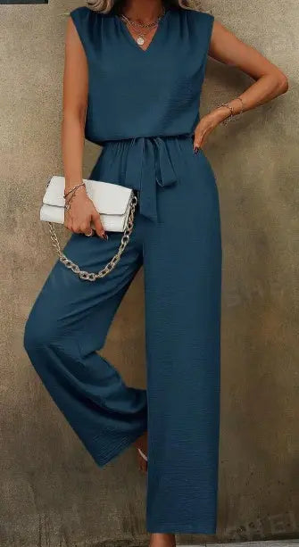 Women Solid Color Sleeveless Top With Notch Neckline And Belted Long Pants Set - shopluxelook.store