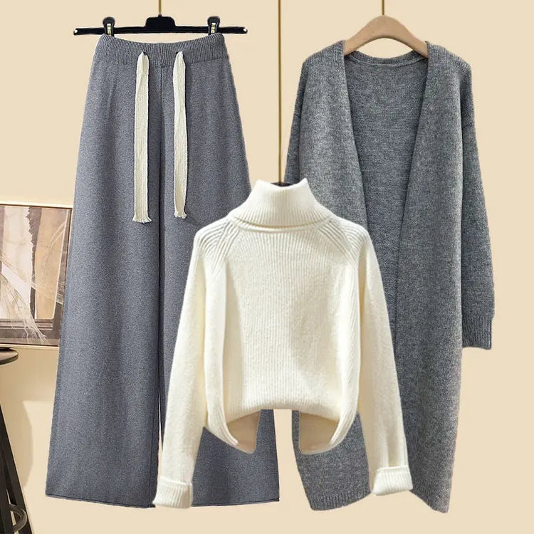 Idle Style Three-piece Set Thick Turtleneck Sweater Wide Leg Pants Wear Long Cardigan Jacket Slimming - shopluxelook.store