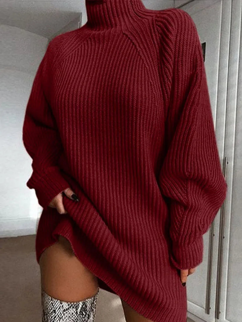 Women Turtleneck Oversized Knitted Dress Autumn Solid Long Sleeve Casu