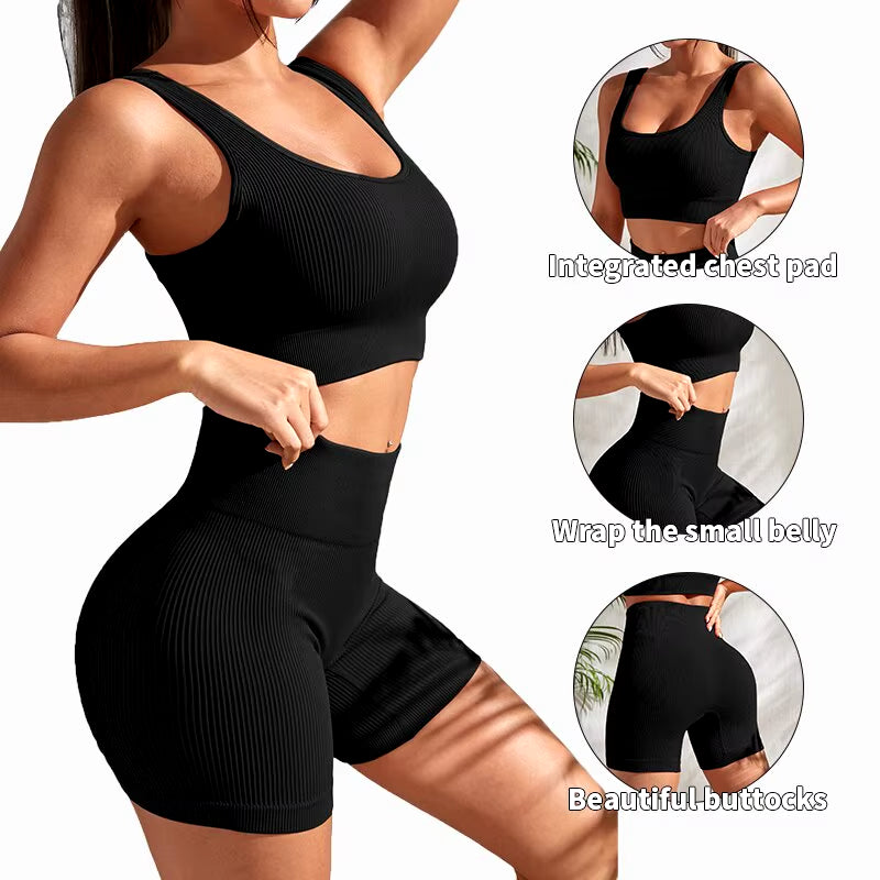 Seamless Ribbed Yoga Sets Workout Sets for Women 2 Pieces Gym Suits Ri