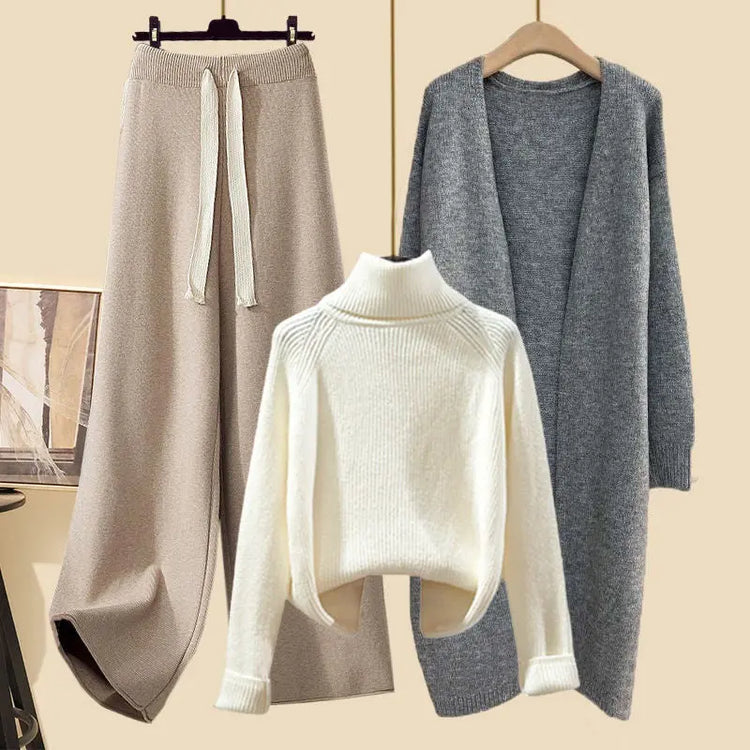 Idle Style Three-piece Set Thick Turtleneck Sweater Wide Leg Pants Wear Long Cardigan Jacket Slimming - shopluxelook.store