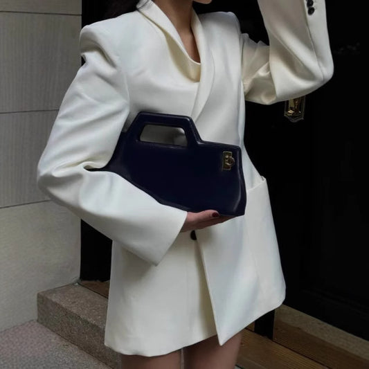 White Elegant Padded Shoulder Suit Jacket Women's Lapel