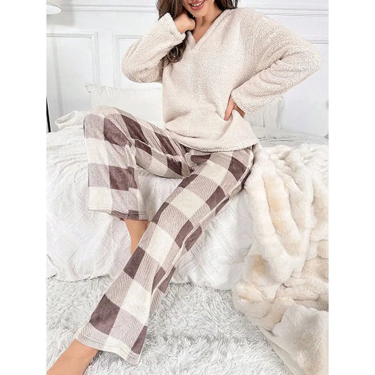 Thermal Flannel Home Wear Loose Plaid Trousers Two-piece Suit - shopluxelook.store