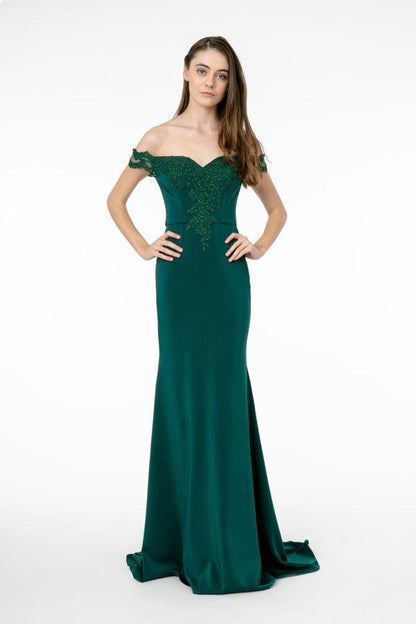 Embroidered Cut-Away Shoulder Jersey Long Dress w/ V-Back-shopluxelook.store