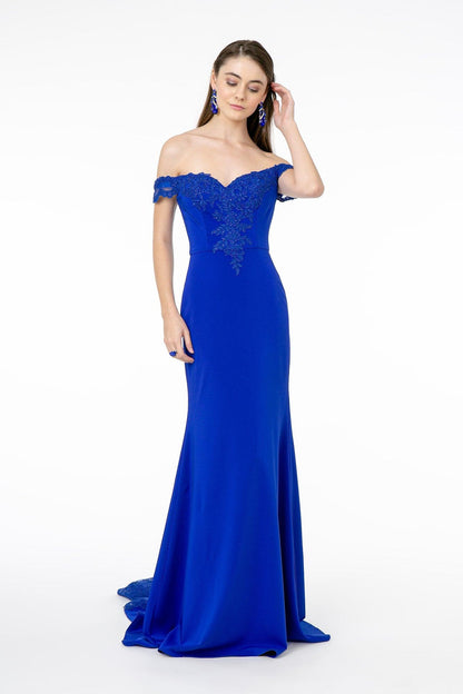 Embroidered Cut-Away Shoulder Jersey Long Dress w/ V-Back-shopluxelook.store