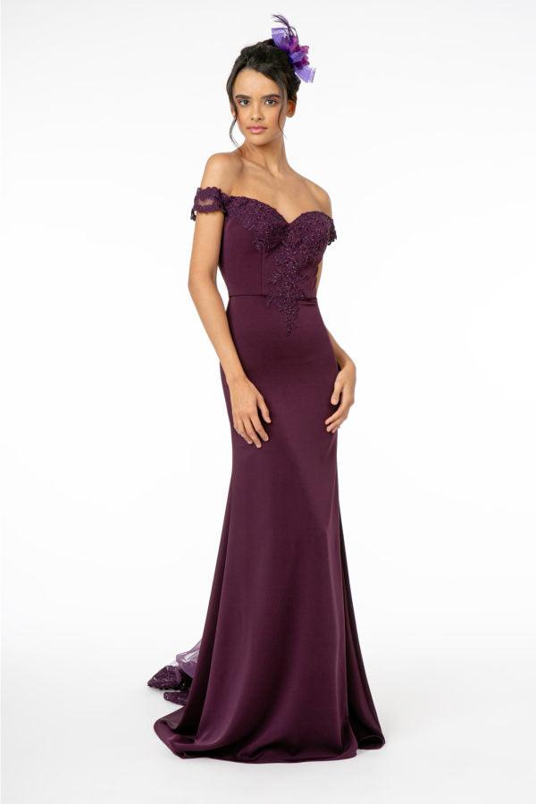 embroidered long dress-Embroidered Cut-Away Shoulder Jersey Long Dress w/ V-Back-shopluxelook.store