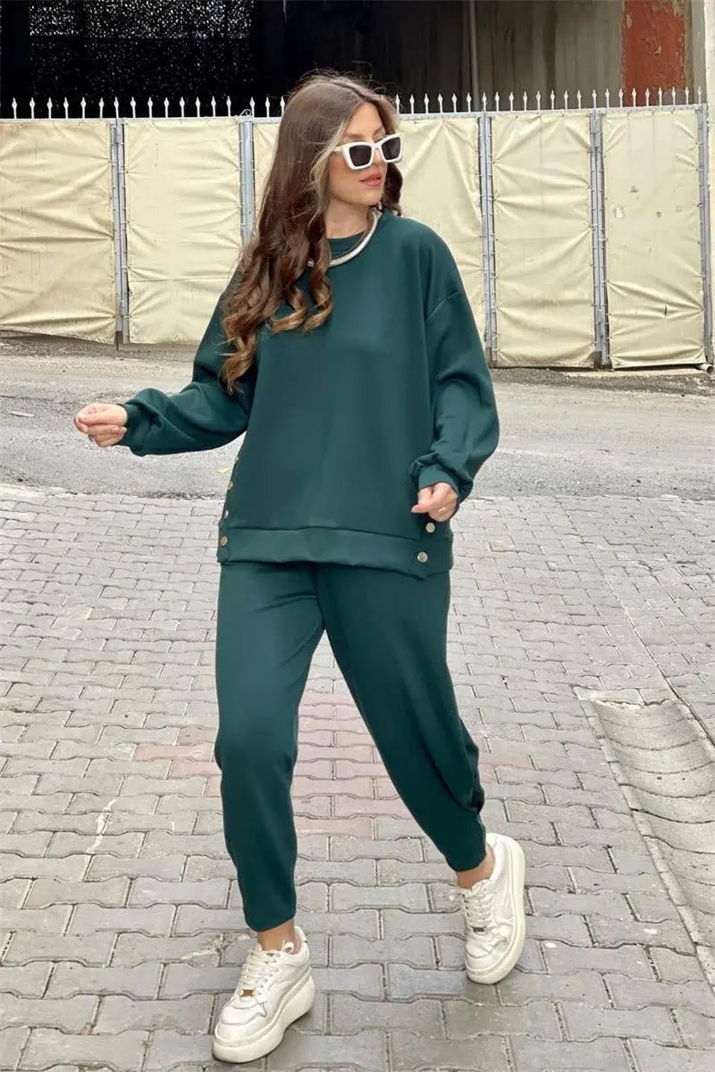 Metal Button Long Sleeve Shirt Sports Casual Ankle Banded Pants Suit shopluxelook.store