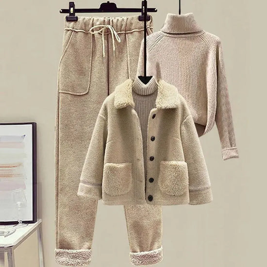 Lamb Wool Fur Sweater Casual Pants Three Piece Set Fashion Suit Women - shopluxelook.store