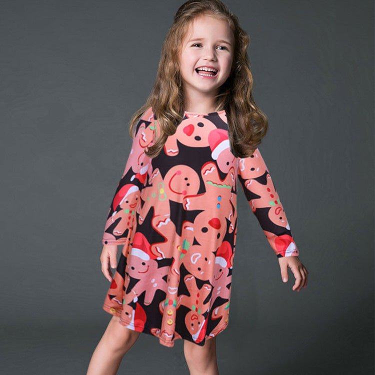 santa printed girls dress-Fashion Casual Santa Printed Long Sleeve Girls Dress-shopluxelook.store