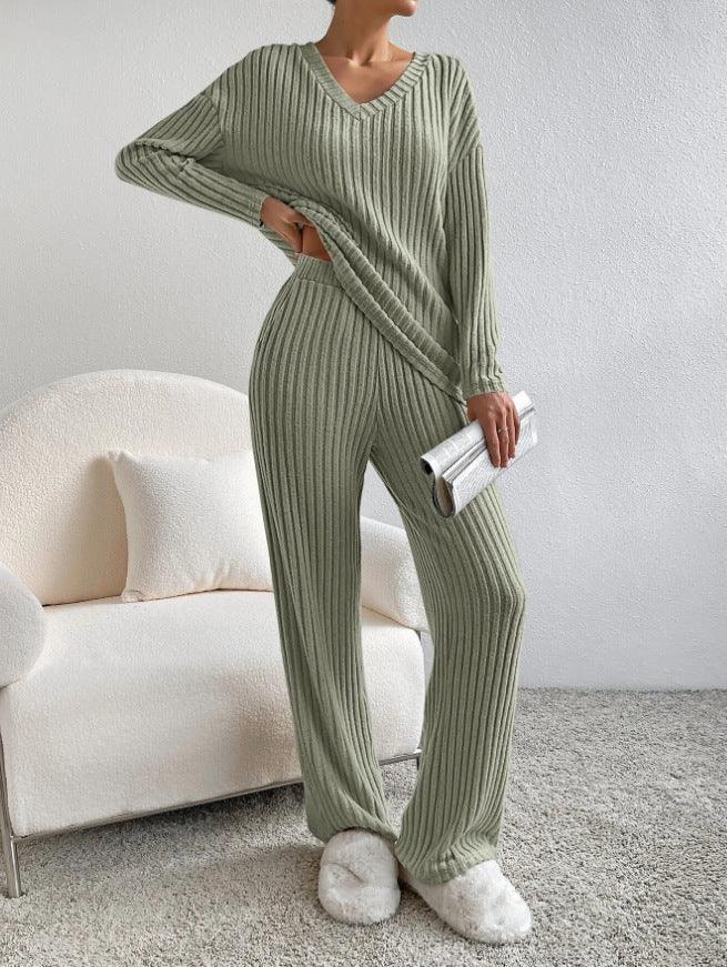 Fashion Solid Striped Suit V-neck Long-sleeved Top And Casual Straight Pants Loose Temperament Women's Clothing-shopluxelook.store