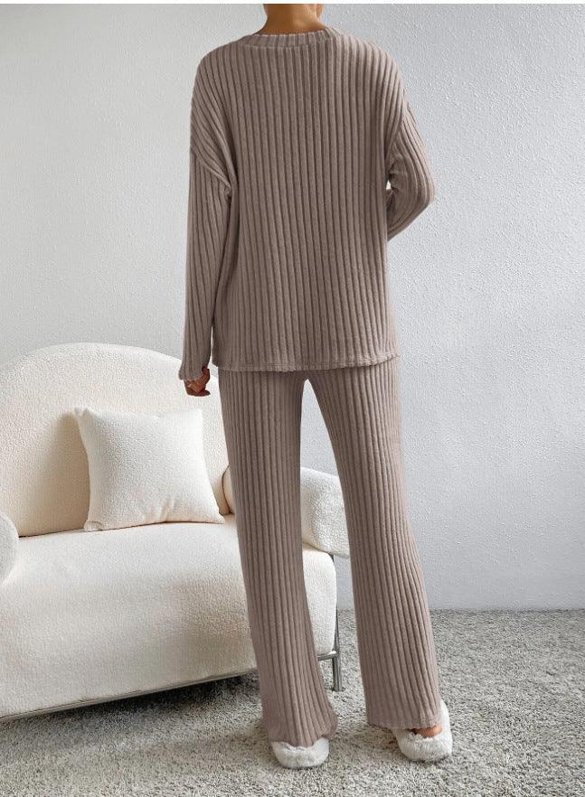 Fashion Solid Striped Suit V-neck Long-sleeved Top And Casual Straight Pants Loose Temperament Women's Clothing-shopluxelook.store