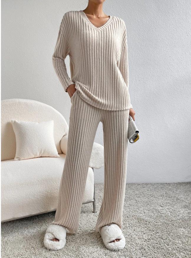 fashion striped suit-Fashion Solid Striped Suit V-neck Long-sleeved Top And Casual Straight Pants Loose Temperament Women's Clothing-shopluxelook.store