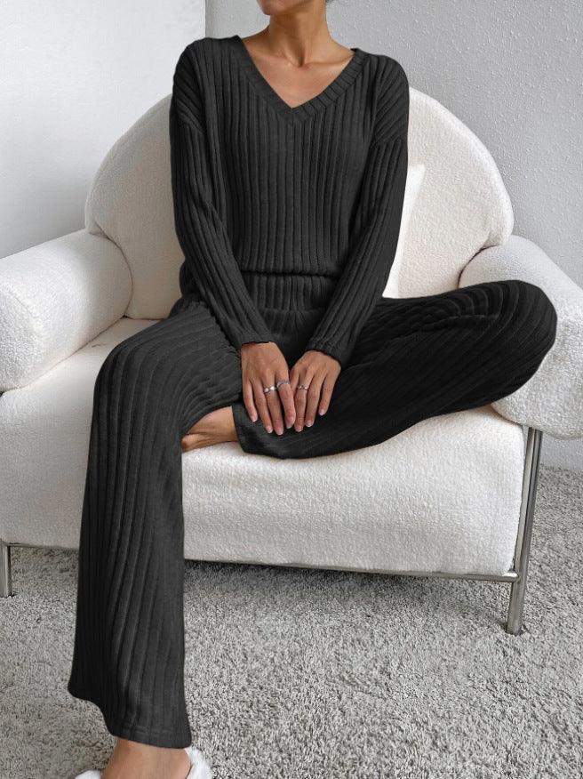 Fashion Solid Striped Suit V-neck Long-sleeved Top And Casual Straight Pants Loose Temperament Women's Clothing-shopluxelook.store