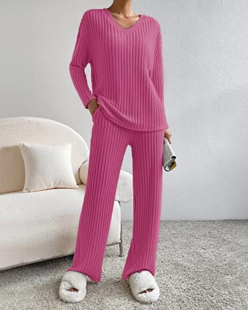 Fashion Solid Striped Suit V-neck Long-sleeved Top And Casual Straight Pants Loose Temperament Women's Clothing-shopluxelook.store