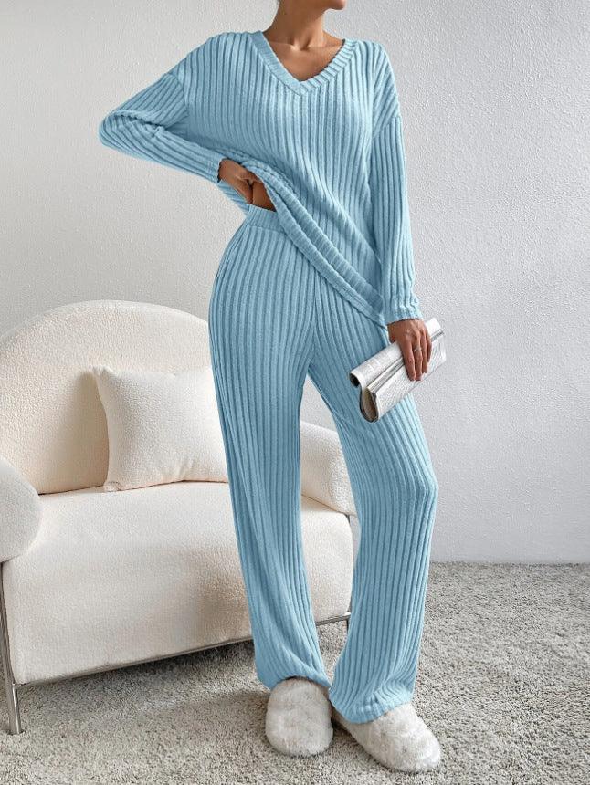 Fashion Solid Striped Suit V-neck Long-sleeved Top And Casual Straight Pants Loose Temperament Women's Clothing-shopluxelook.store