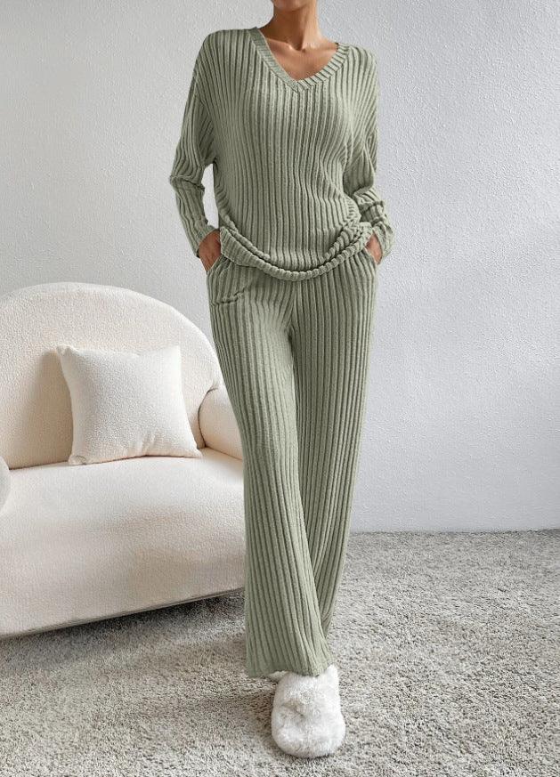 Fashion Solid Striped Suit V-neck Long-sleeved Top And Casual Straight Pants Loose Temperament Women's Clothing-shopluxelook.store