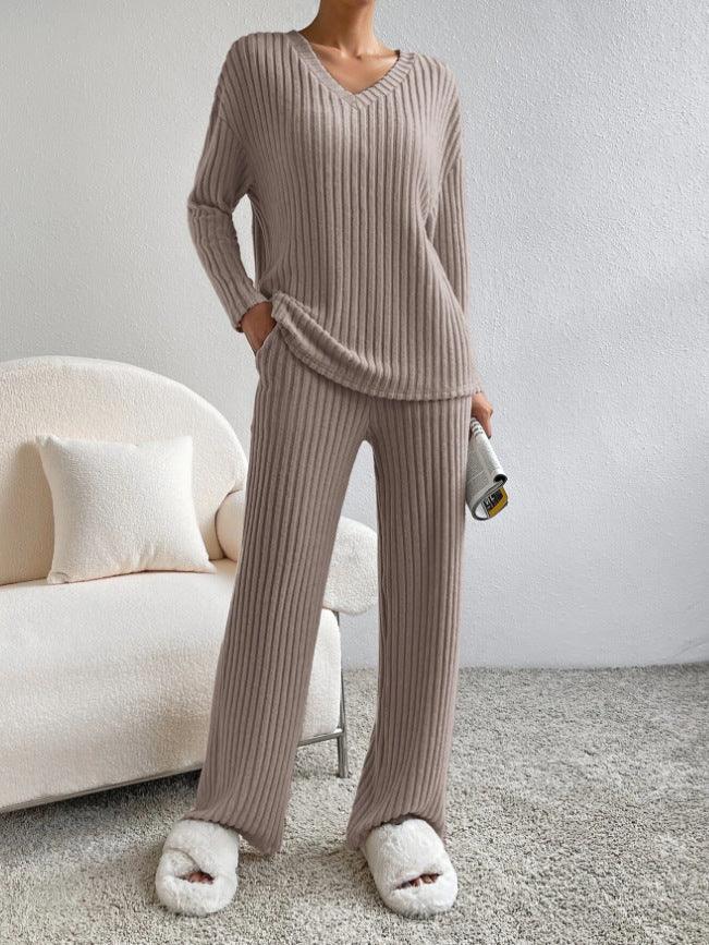 fashion striped suit-Fashion Solid Striped Suit V-neck Long-sleeved Top And Casual Straight Pants Loose Temperament Women's Clothing-shopluxelook.store