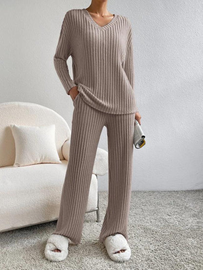 Fashion Solid Striped Suit V-neck Long-sleeved Top And Casual Straight Pants Loose Temperament Women's Clothing-shopluxelook.store