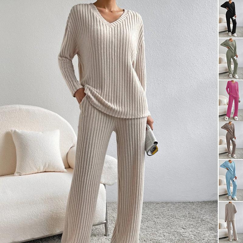 fashion striped suit-Fashion Solid Striped Suit V-neck Long-sleeved Top And Casual Straight Pants Loose Temperament Women's Clothing-shopluxelook.store