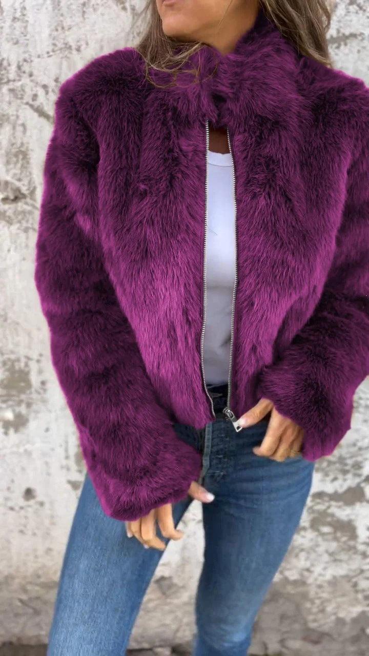 Fashion Stand Collar Plush Jacket Winter Casual Turtleneck Zipper Coat Fleece Tops Women's Clothing-shopluxelook.store